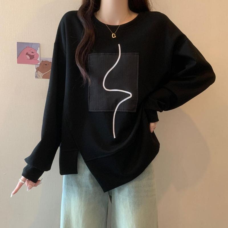 Women's Irregular Hoodie American Version Crew Neck Minimalist Pattern Hoodless Sweatshirt Autumn Casual Comfortable Famale Long Sleeved Top