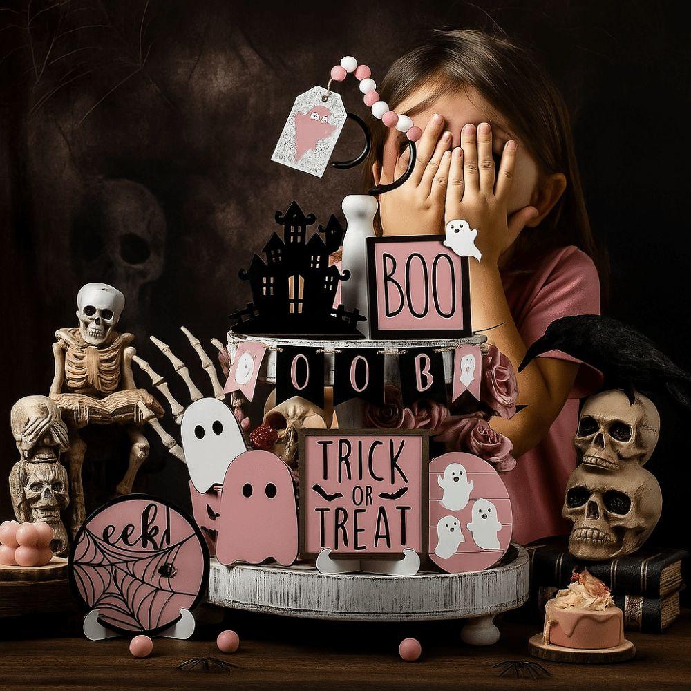 13pcs Pumpkin Cute Ghost Tray Decor Wooden Signs Ornaments Halloween Desk Decoration  Tabletop