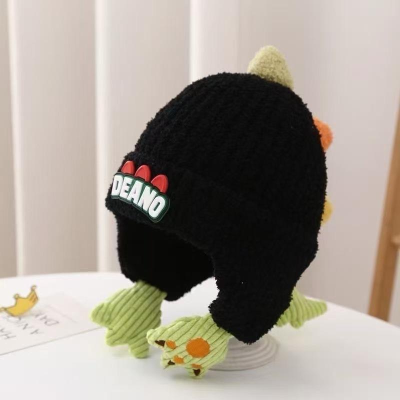 New children's hats autumn and winter ear protectors thickened cute plush dinosaur boys and girls warm knitted wool hats