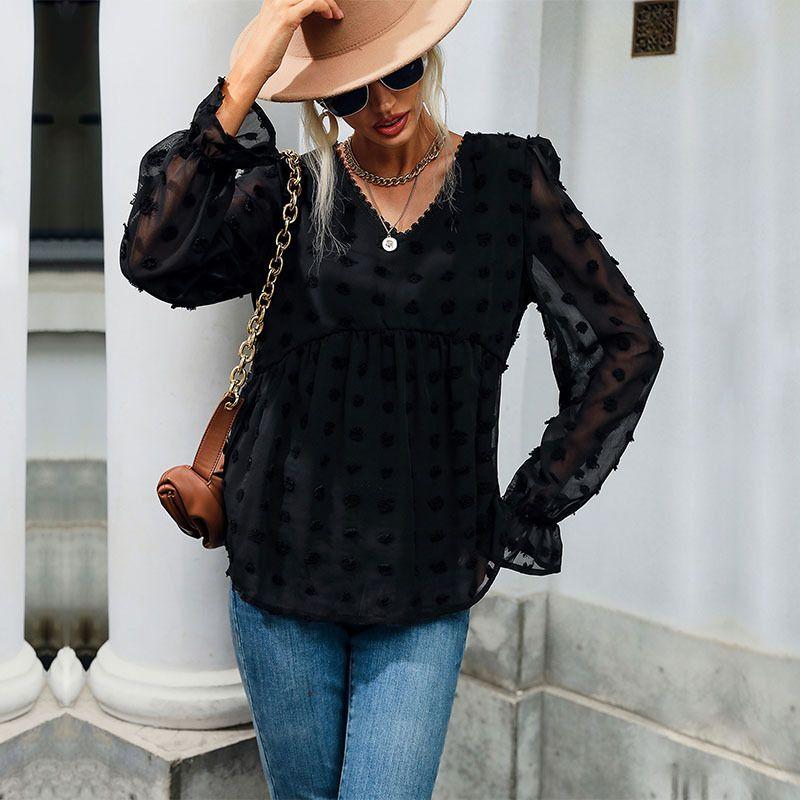 

Solid Color V-Neck Loose Top Long Sleeve Shirt Solid Color and V-neck Loose Female Black XL