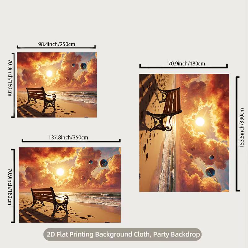 2D Beach Bench Sunset Backdrop Cosmic Planets Photography Background