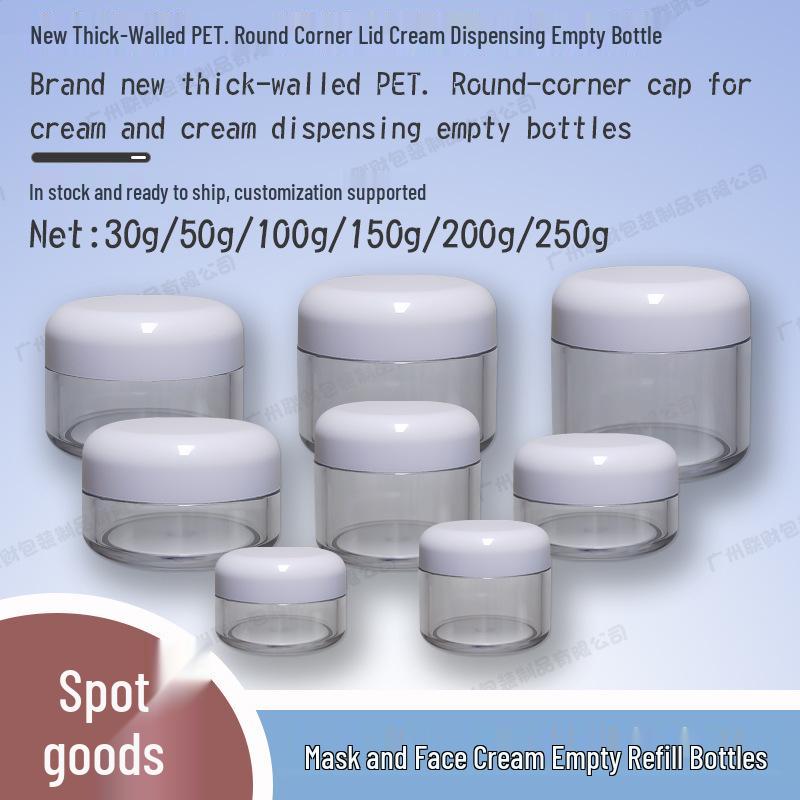 

Transparent PET Round Corner Cream Jar, Sizes: 30g-250g HYG52-30g; Transparent Bottle White Cap; PET