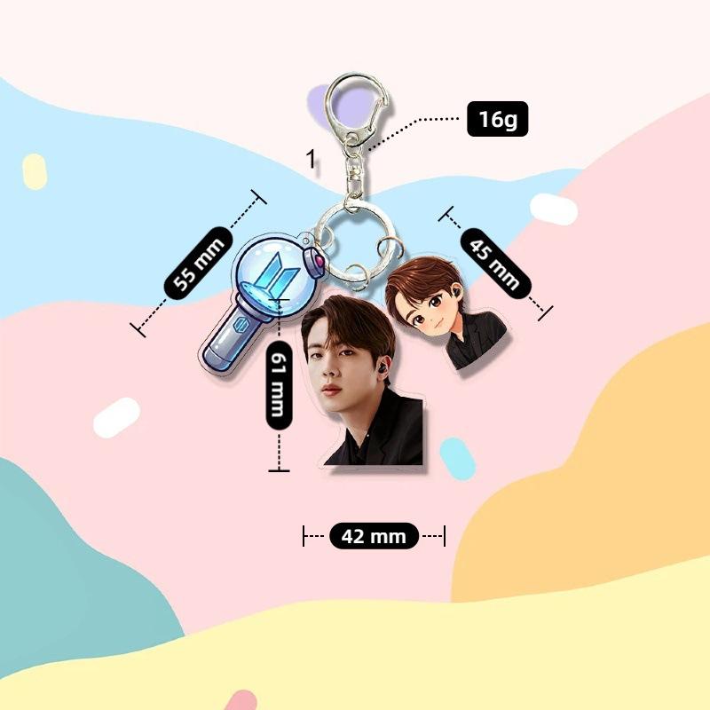 BTS Cute Triple Charm Acrylic Keychain, Bangtan Boys Real Photo, Cartoon Figure & Army Bomb Keyring, Kpop Idol Bag Pendant for ARMY Fans