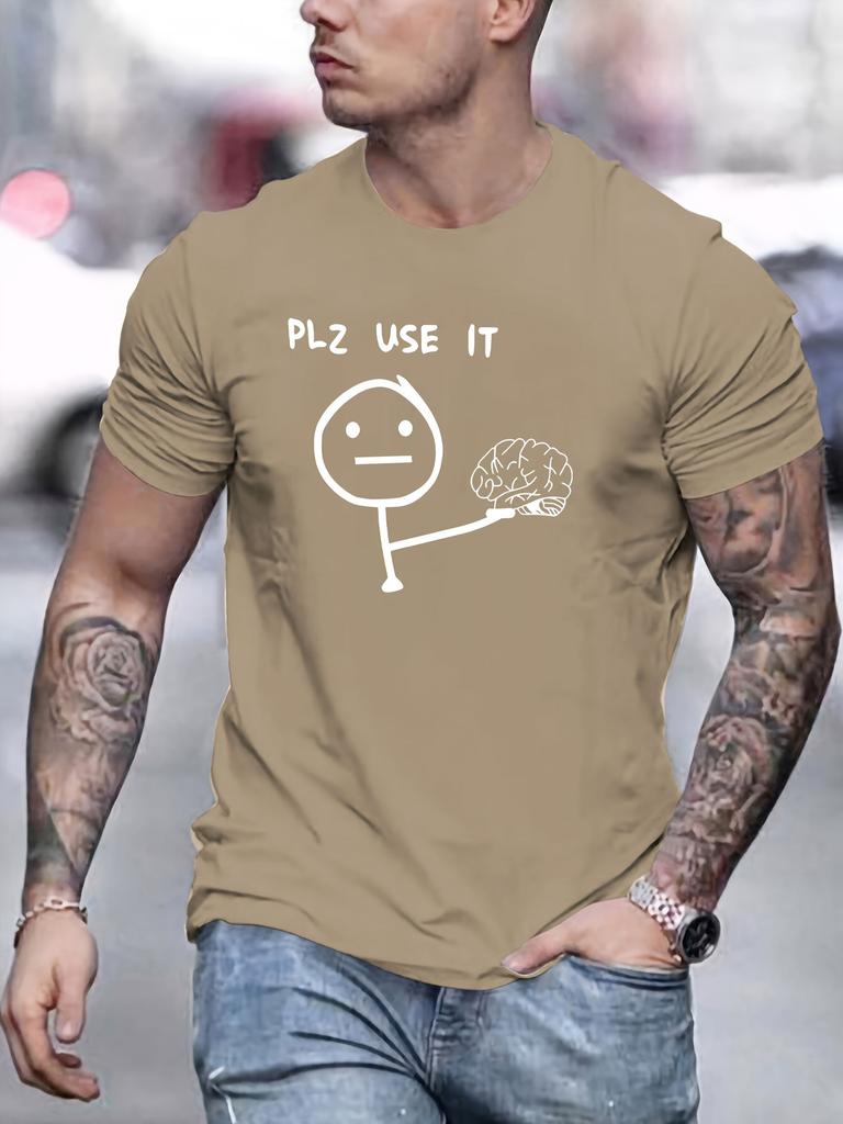 Funny Stick Figure And Brain Graphic Print Men's Creative Top, Casual Short Sleeve Crew Neck T-shirt