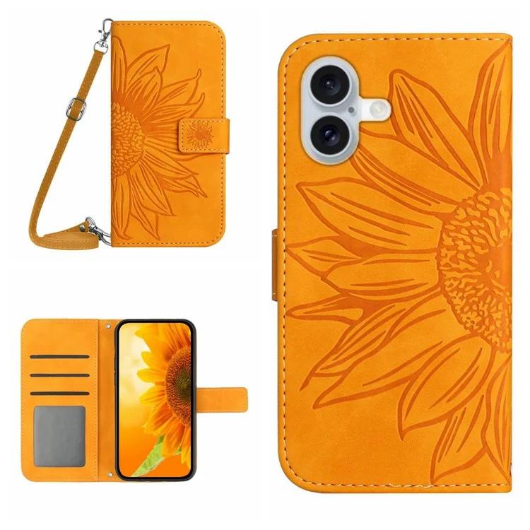 HT04 For iPhone 16 Plus Case with Shoulder Strap Leather Phone Cover Sunflower Pattern