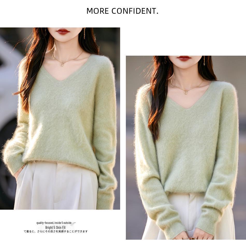 Autumn & Winter 100% Pure Wool V-Neck Loose Women's Knitted Sweater