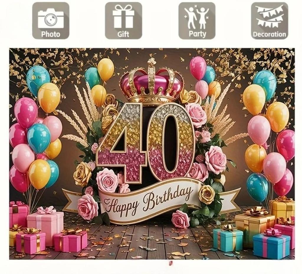Bright Blue-green Gradient Gold Pink Theme 40th Birthday Banner Background Adult Birthday Party Decoration Photography Backdrop