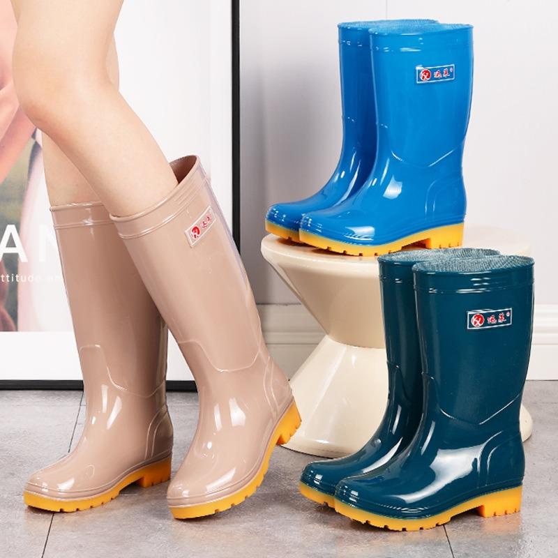 Xunlai two-color tall women's rain boots rainy day rubber shoes kitchen canteen cleaning beef tendon sole non-slip water boots garden water shoes