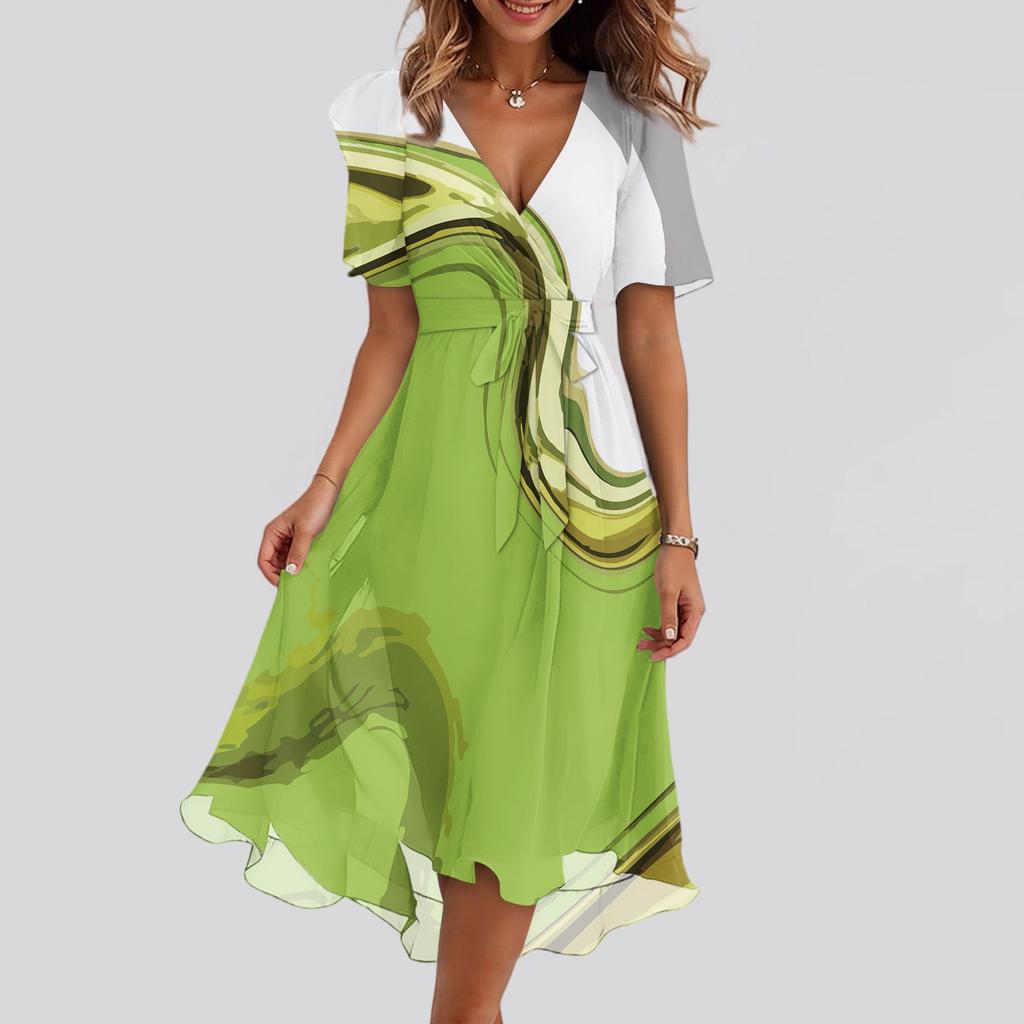 Women's Summer Texture Printed Casual Wrap V Neck Ruffled Hood Short Sleeves Belt A-Line Ruffle Hem Midi Sundress