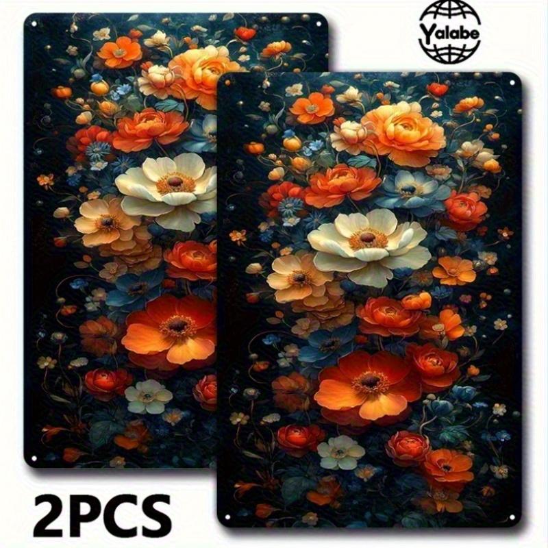 [2D Flat] Two Vintage Floral Tin Artworks Showcasing Bright Flowers On a Dark Background, Ideal for Beautifying The Interiors of