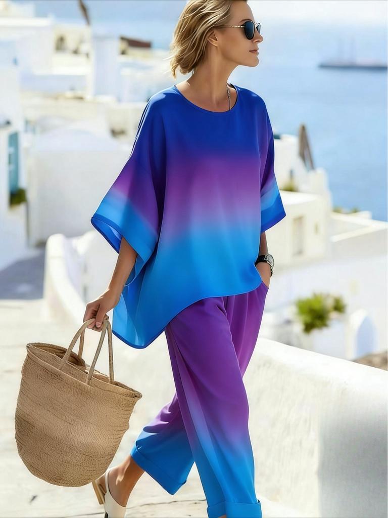26 Summer Crew Neck Bat Sleeve Printed Two-piece Set Women's Loose Casual Top High Waist Wide Leg Pants Vacation Style Set