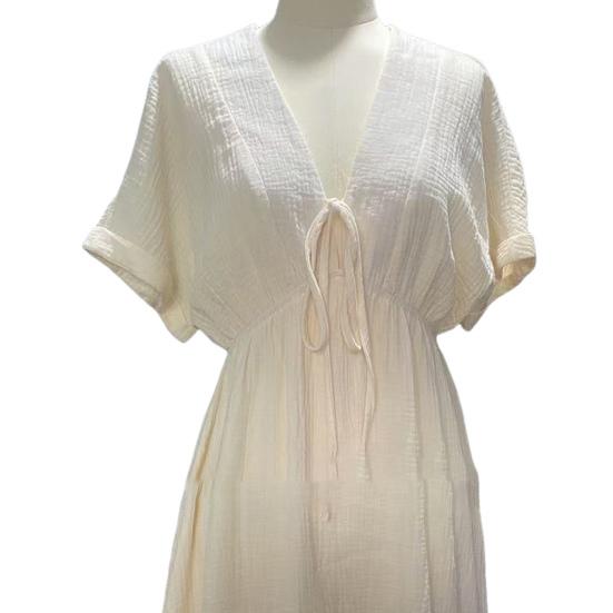 Women Dress V-neck Lace-up Short Sleeve High Waist Midi Dress Solid Color Flowy Hem Casual Dress Daily Wear