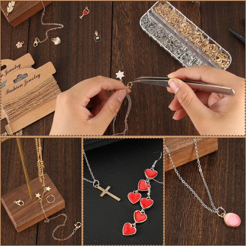 Jewelry Making Chain 1000x Jump Rings 40x Lobster Clasps with Curved Tweezers Jump Ring Opener DIY Jewelry Gold Silver