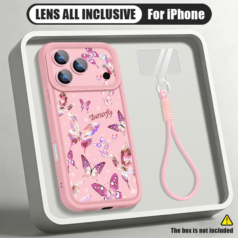Fantastic Butterfly Print Lanyard Case For iPhone 18 Pro Max Shockproof Bumper Soft Silicone Cover For iPhone 17 16 15 14 13 Pro Max 17E
