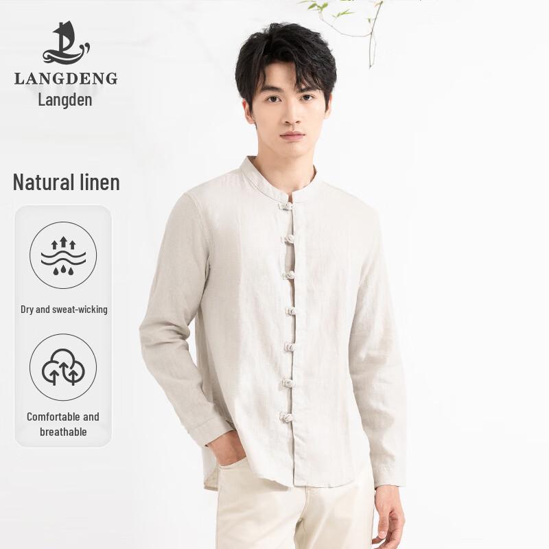 Langdeng Men s Linen Blend Retro Disc Button Long Sleeve Shirt M