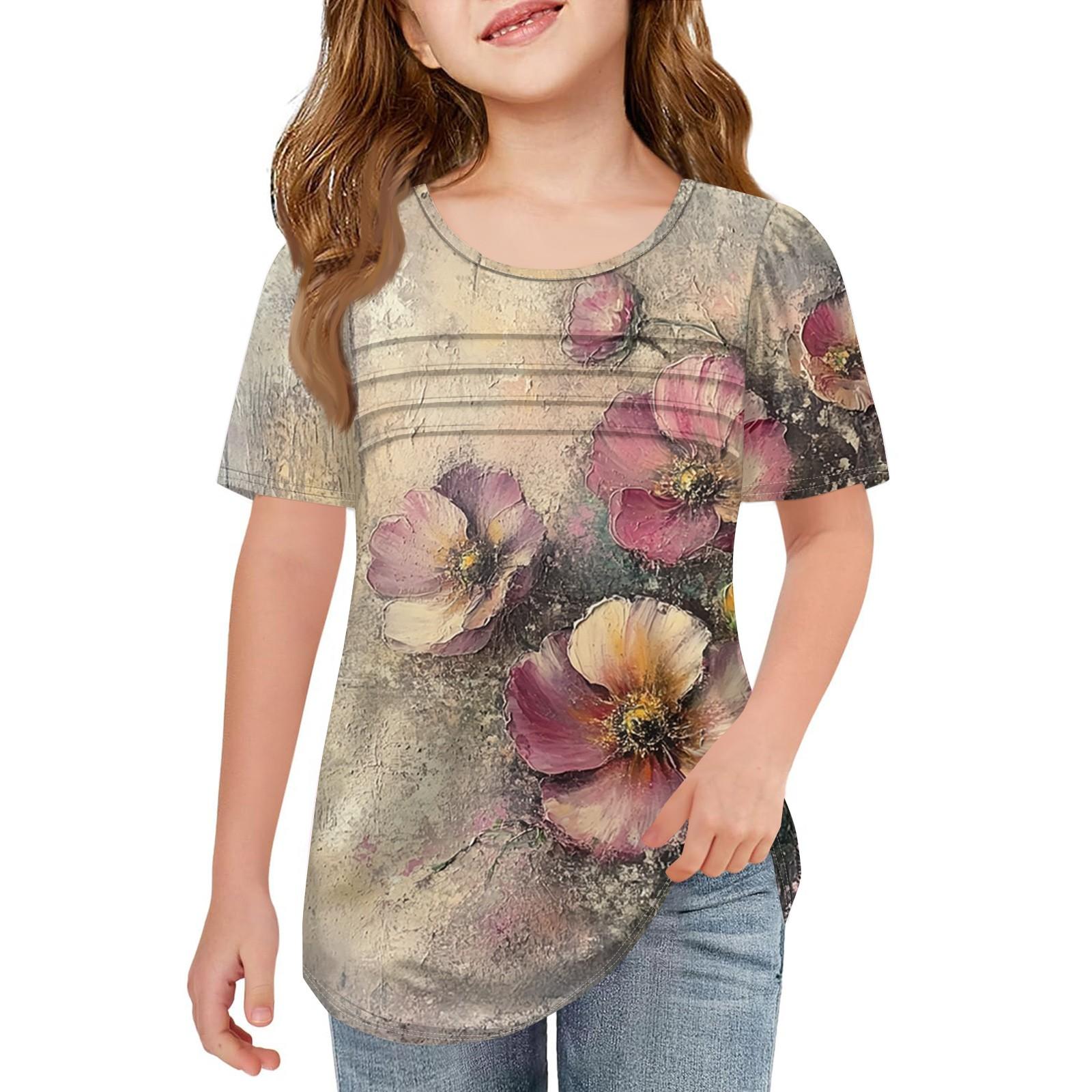 

Детские футболки-складки, летние футболки с короткими рукавами и круглым воротником, с принтом цветов, пальто для отдыха 140 хаки