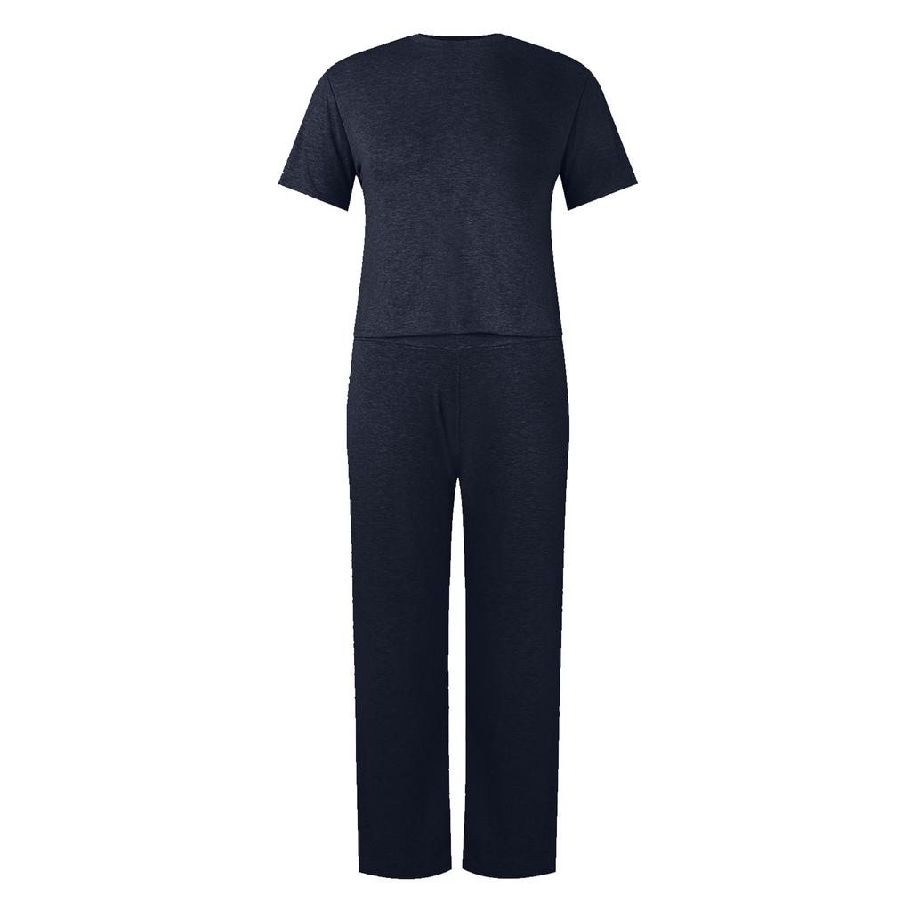 Women's Fashion Solid Color Round Neck Short Sleeve Top Wide Leg  Pants Set