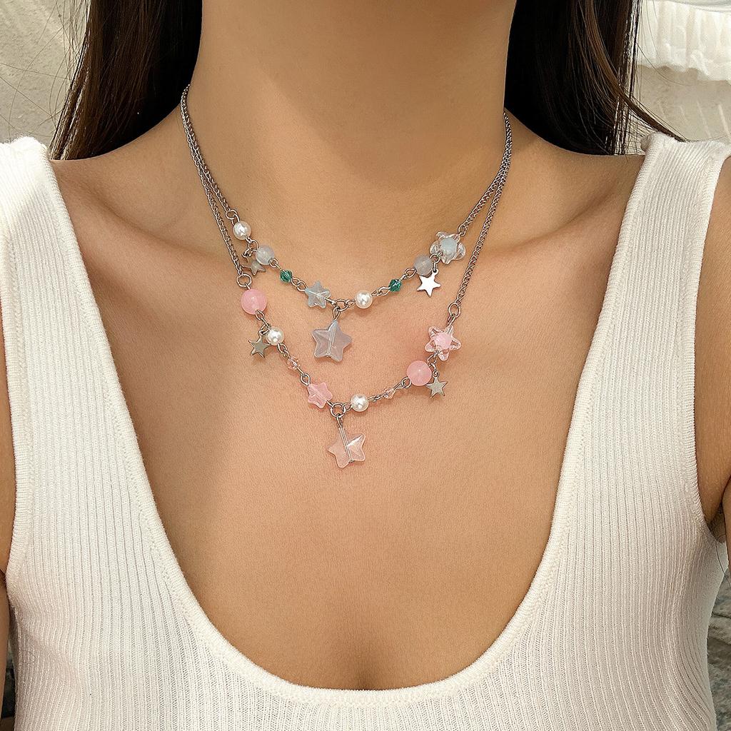 Hip Hop Babes Wind Star Pendant Necklace Choker Temperament Round Bead Imitation Pearl Metal Chain Necklace