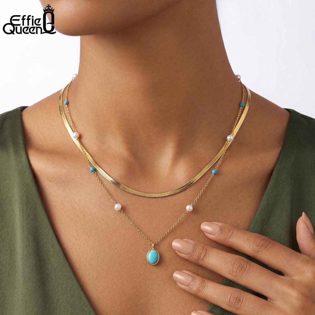 EFFIE QUEEN 925 Sterling Silver Fashion Turquoise Oval Pendant Link Chain Charm Necklace White Pearls Daily Fine Jewelry MPN18