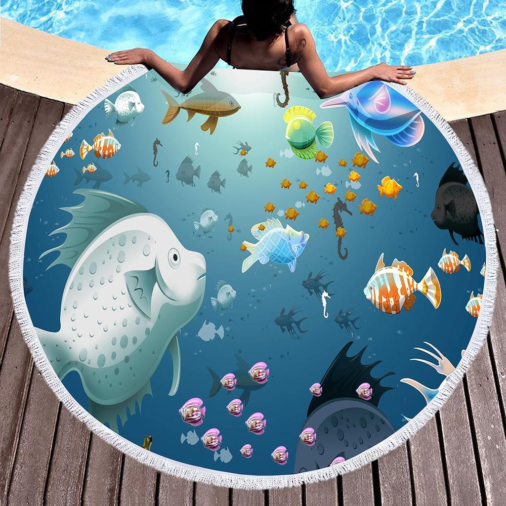 Underwater World Marine Animal Round Beach Towel with Tassels, Microfiber Quick Dry Sand Free Circle Bath Towel Gifts for Women