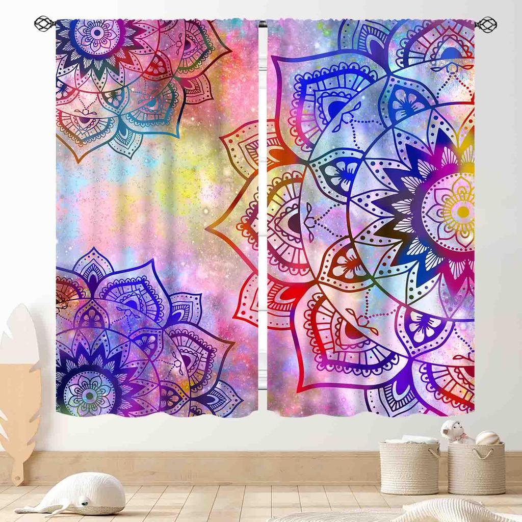 Gradient Mandala Flower Purple Blue Starry Galaxy Blackout Rod Pocket Curtain Boho Mystic Elegant Bedroom Rest Bay Window