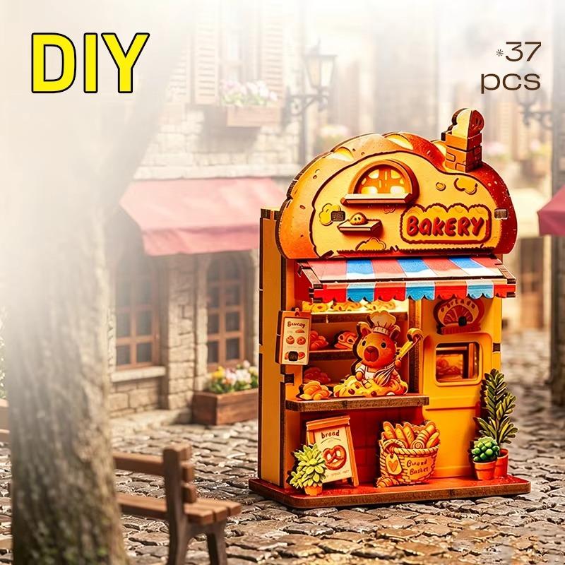 DIY 3D Wooden Mini House Puzzle Toy Fridge Magnet Handmade Animals Shop Creative Assembly Model Kit Home Decor Gifts for Friends