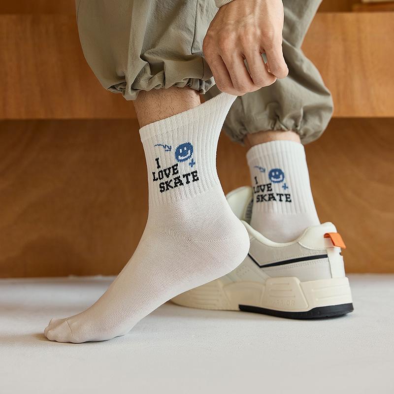 Men's New Trend In Autumn Cartoon Smiling Face Letters Sweat Absorption Breathable Sports Boneless Tube Socks