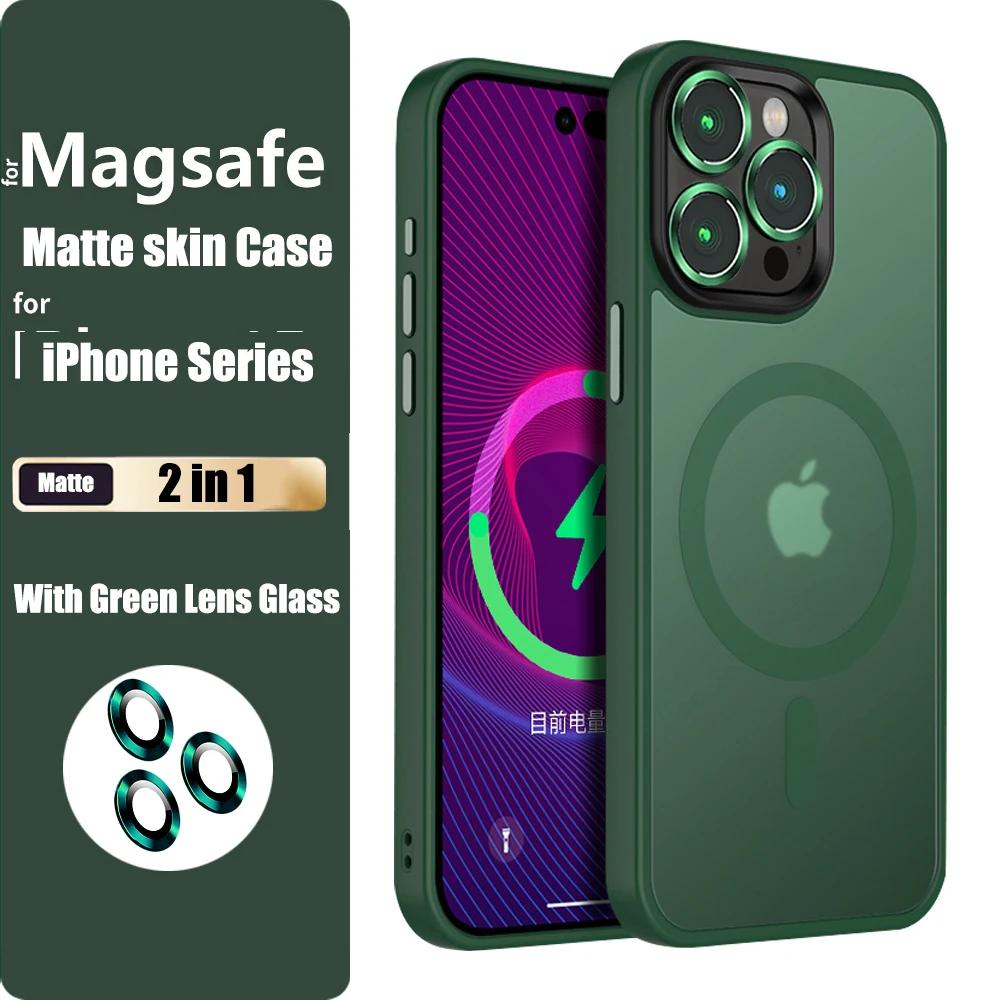 Translucent Frosted Glass Lens Protector Magnetic Case for iPhone 15 14 13 12 11 Pro Max 15Plus Shockproof Wireless Charge Cover