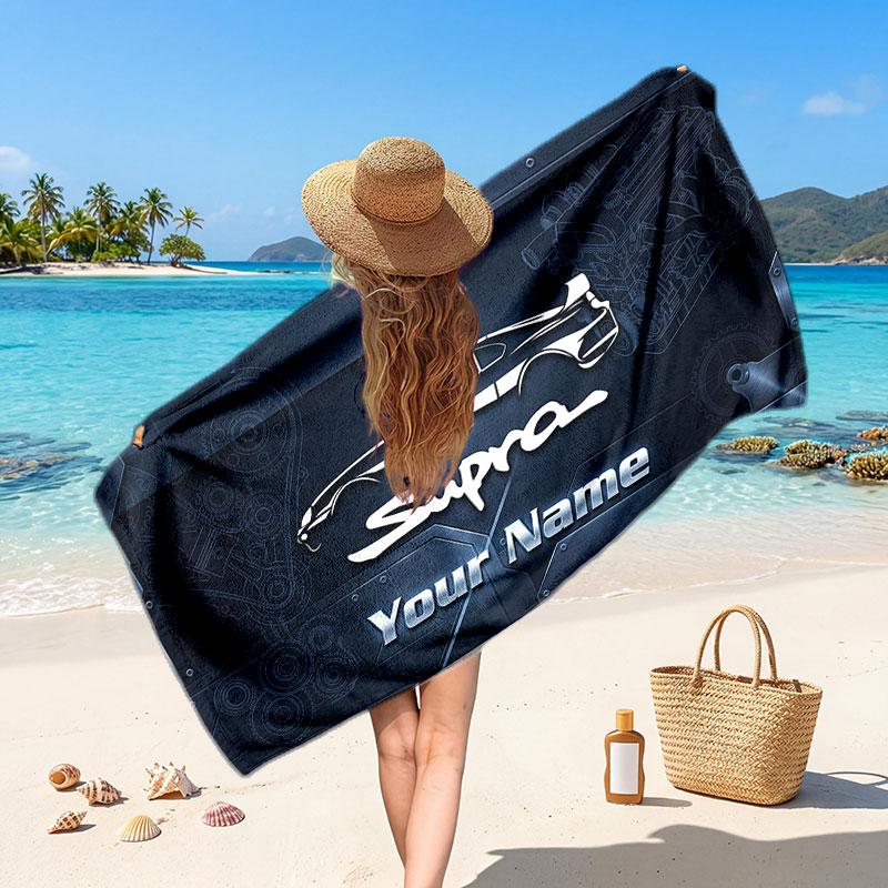 Toyota Supra Customized Name Text Beach Towel, Soft Absorbent Towel Beach Pool Travel Personal Gift