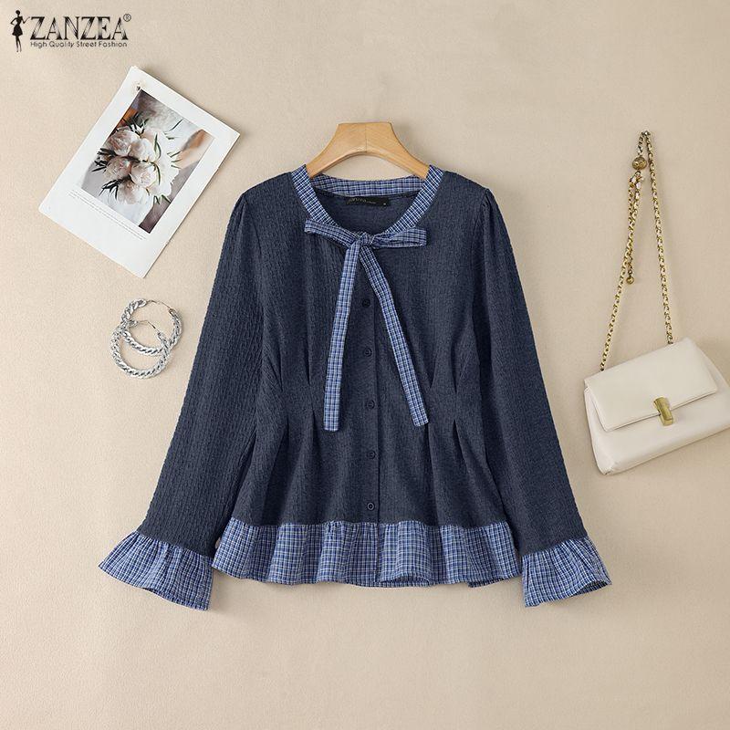 ZANZEA Womens Round Neck Casual Plaid Patchwork Long Sleeve Blouse