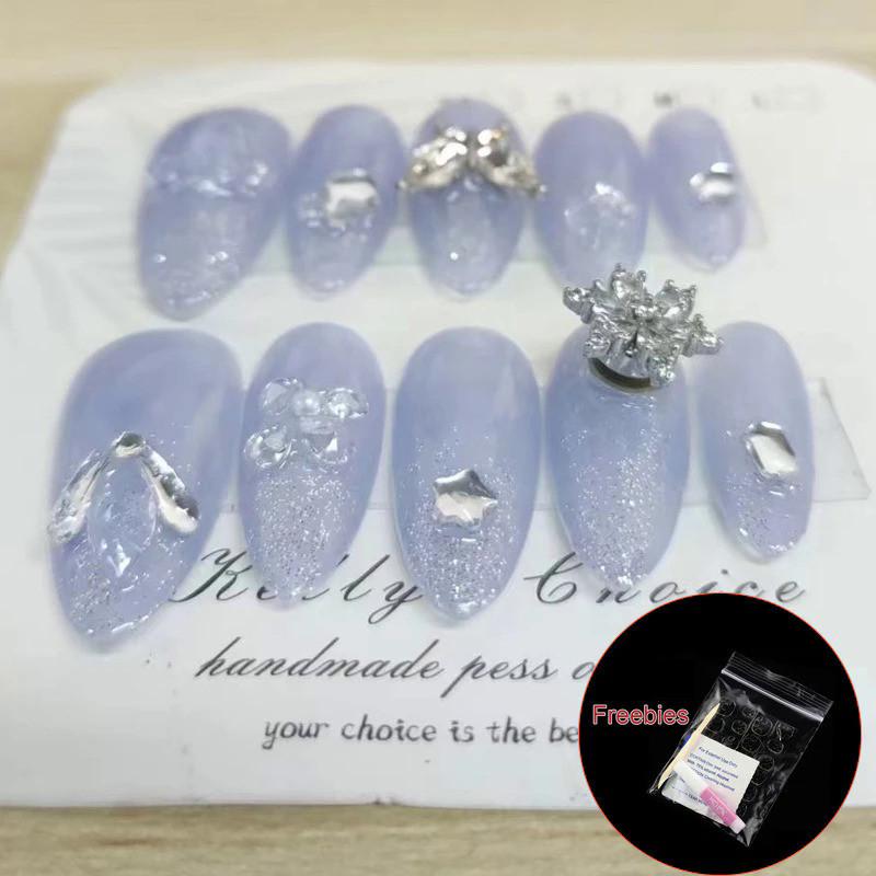 

100% РУЧНАЯ РАБОТА Искусственные ногти миндалевидной формы Вращающиеся снежинки полупрозрачные сине-фиолетовые ногти Многоразовые и съемные накладные ногти L