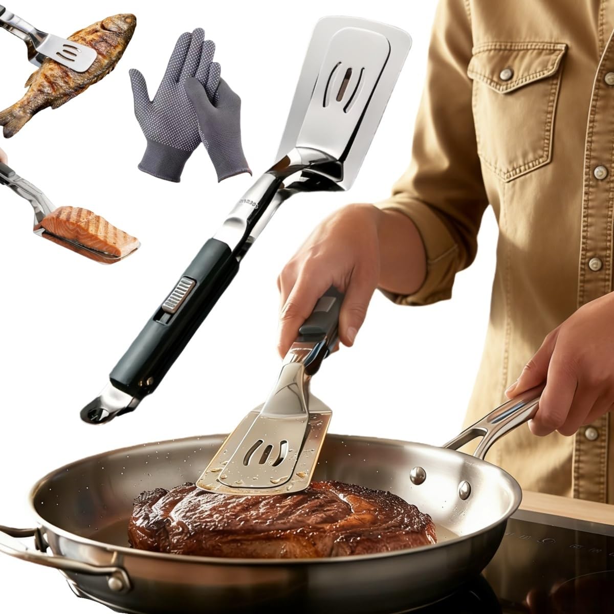 

2026 Anti-Scalding Extended Handle Grill Clamp Spatula,Having The Functions of Shovel and Clamp Stainless Steel Grill Clamp,Kitchen Spatula Tongs зелений