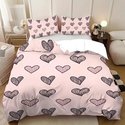 3pcs Pink Love Bedding Set 3D Printed Coreless Duvet Cover for Bedrooms, Gift for Lover Multiple Sizes, Soft and Comfortable