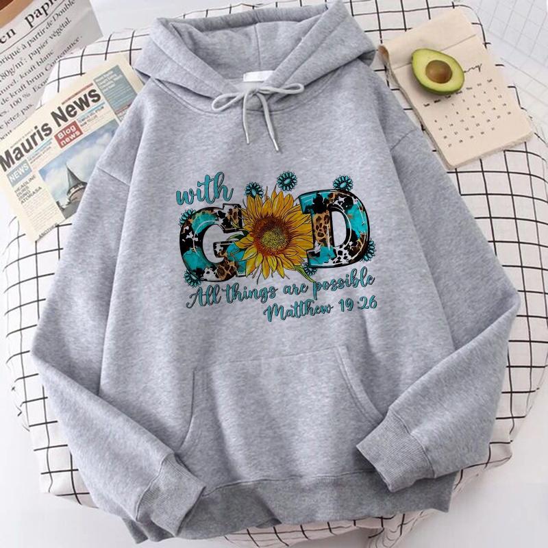 With God All Things Are Possible Matthew Print Hoodies Women's Funny Graphic Hoody Casual Graphic Pullovers Sweatshirts
