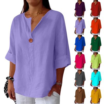 Women's Fashionable Casual V-neck Button Seven Quarter Sleeve Solid Color Cotton And Linen Top