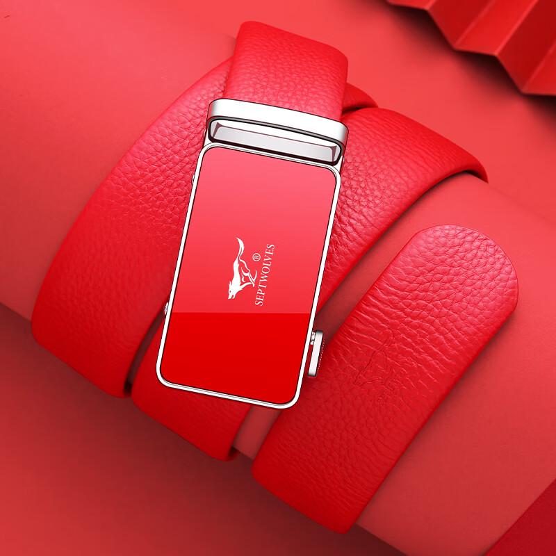 Sevenwolves Men's Red Genuine Leather Automatic Buckle Belt