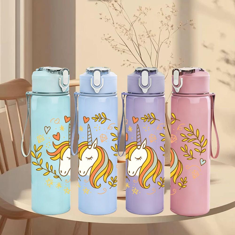 1PC Floral Wreath Unicorn Art 750ml Color Plastic Sports Water Bottle Leakproof Flip Straw Lid Suitable for Sports Office Home Use