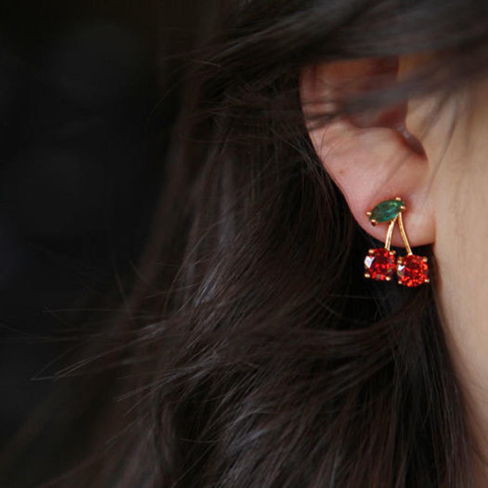 Red Zircon Cherry Leaf Stud Earrings Women Piercing Jewelry For Fashion Crystal Dangle Party Prom Birthday Wedding Gifts