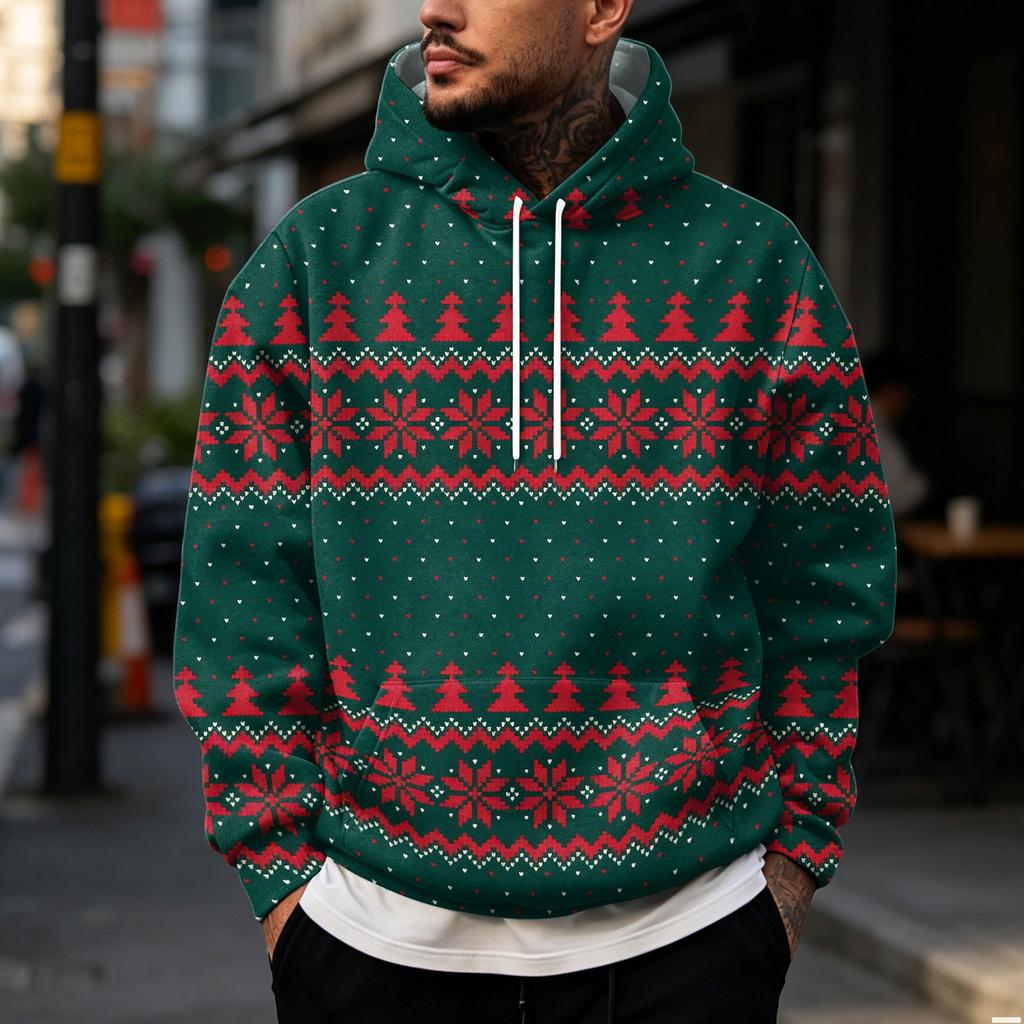 Men's Casual Loose Fit Hooded Sweatshirt with Christmas Print and Large Pockets
