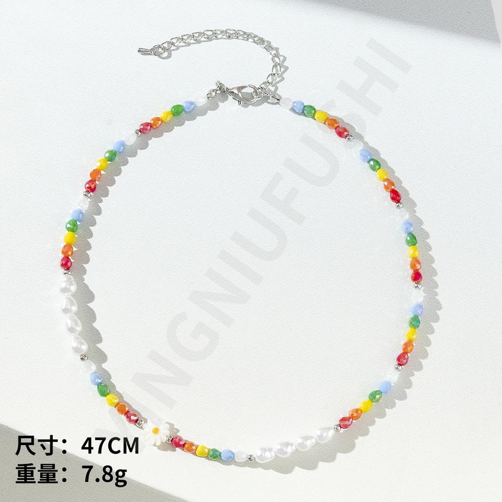 Rainbow Little Daisies Pearl Beaded Necklace Short Ladies Collarbone Chain Sweet Cute Girly Style Necklace