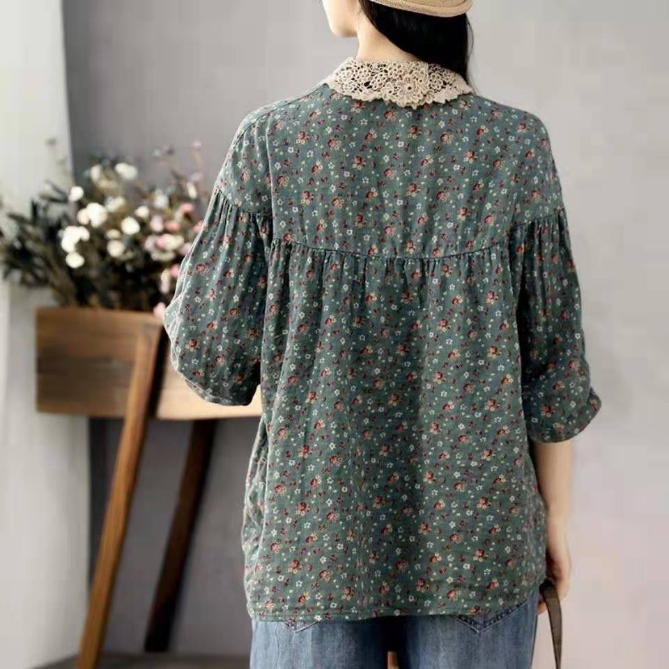 Female Spring and Fall Loose Long-sleeved Literary Shirt Floral Lace Edge Blouse