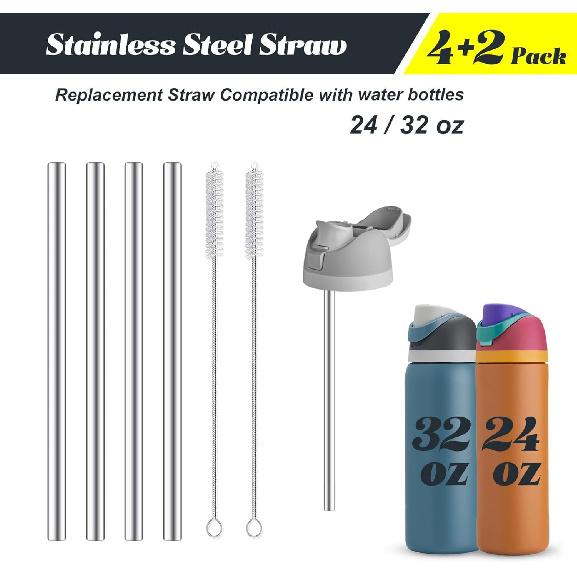 4Pcs Replacement Stainless Steel Straws Compatible with Owala Bottle 24oz 32oz Reble Straws with 2 Cleaning Brushes Metal Straw Replacement
