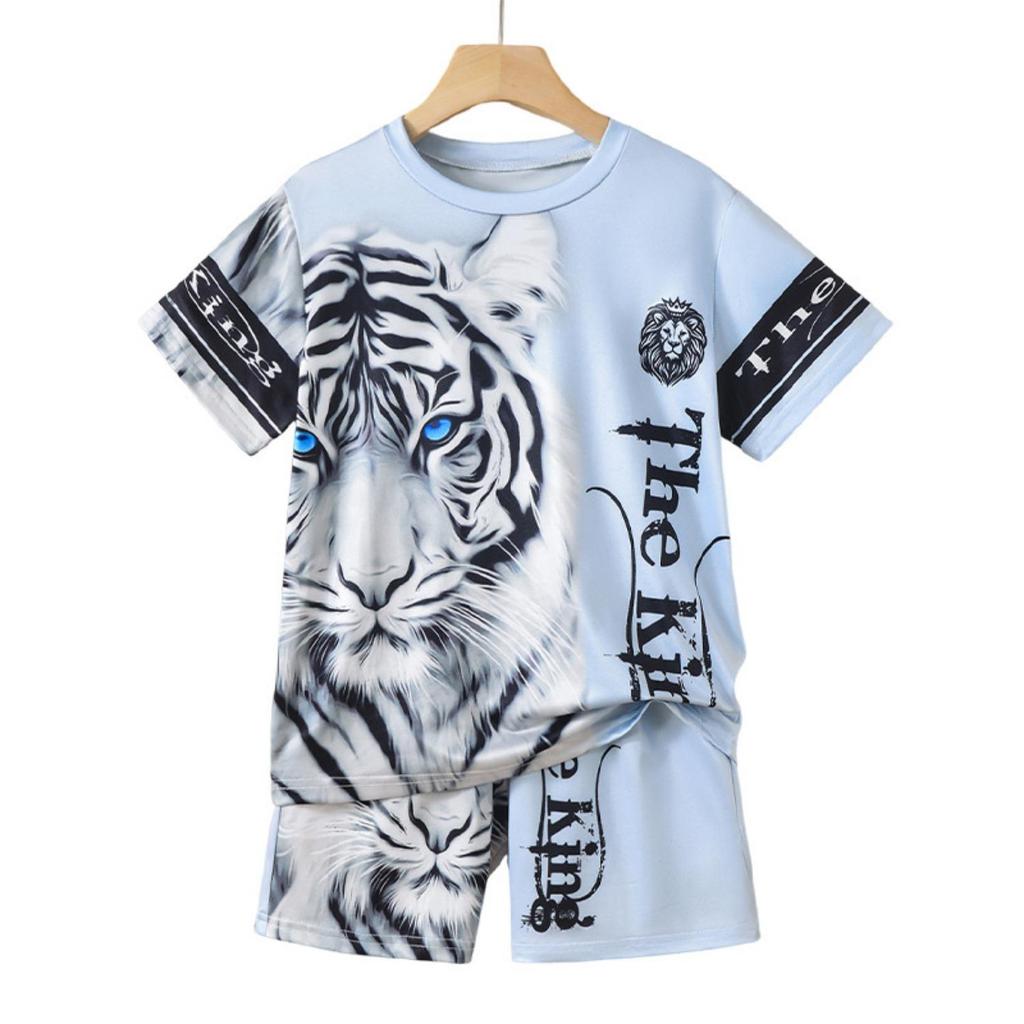 Two piece set of boys' 3D animal printed casual clothing short sleeved shorts set Tiger Lion