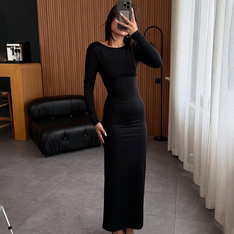 2025 Summer European & American Women's Long-Sleeve Backless Solid Color Fashion Evening Dress