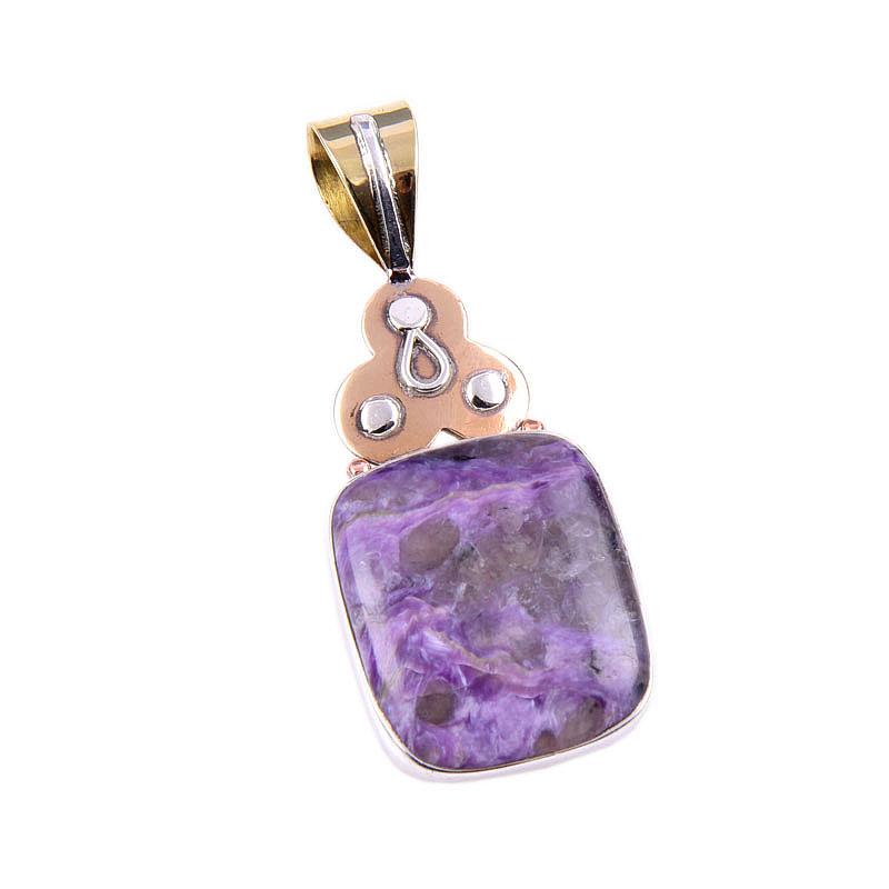 Natural Charoite Gemstone 925 Solid Sterling Silver Two Tone Pendant 1.75" b7Q05