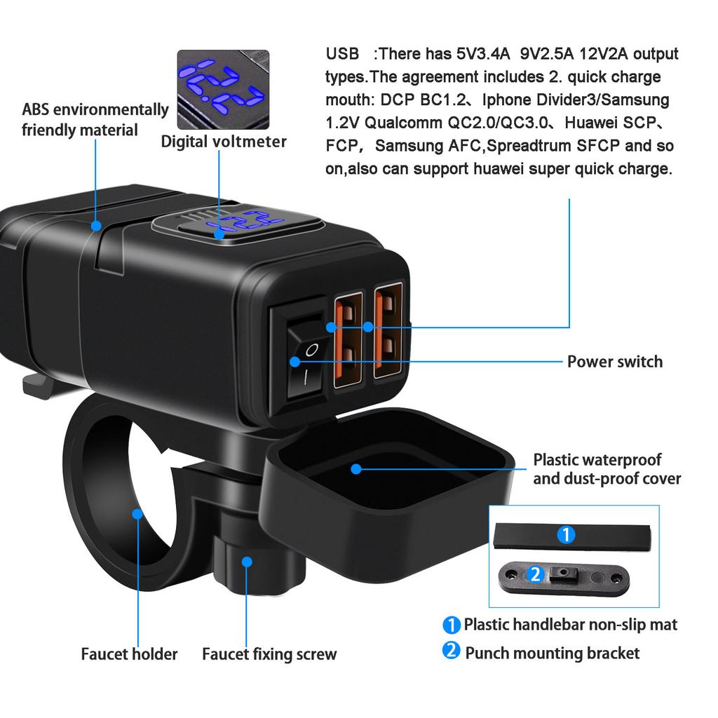 Motorcykel USB Telefonladdare, Vattentät Dubbelport QC3.0 USB Snabbladdare med 12V Voltmeter och På/Av Strömbrytare & 10A Säkring, SAE Till USB Adapter