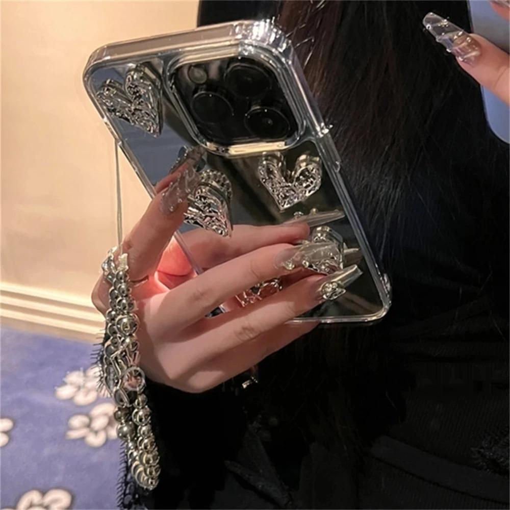 Stylish Korea Cute 3D Love Heart Bralet Phone Case For iPhone 17 Air 16 15 13 11 12 Pro Max 14 Plus Silvery Mirror Girl Cover