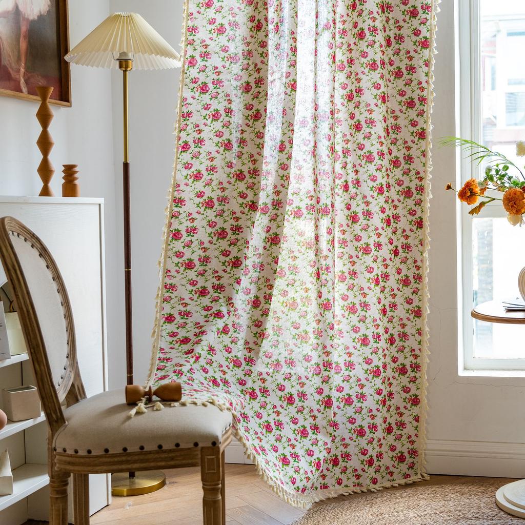 Finished Curtains Small Fresh Cotton And Linen Printing Multi-Bedroom Small Window Semi-Blackout Bay Window Decoration