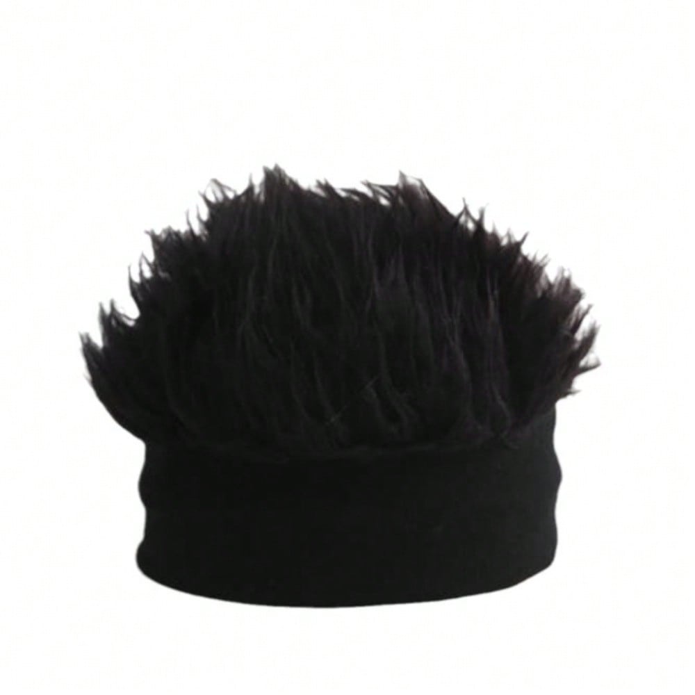 Men&Apos;S Hip-Hop Faux Hair Beanie Hat - Black Knit-Style Skull Cap With -Like Synthetic Hair, Durable Party & Wig-Like Accessory For Casual Wear