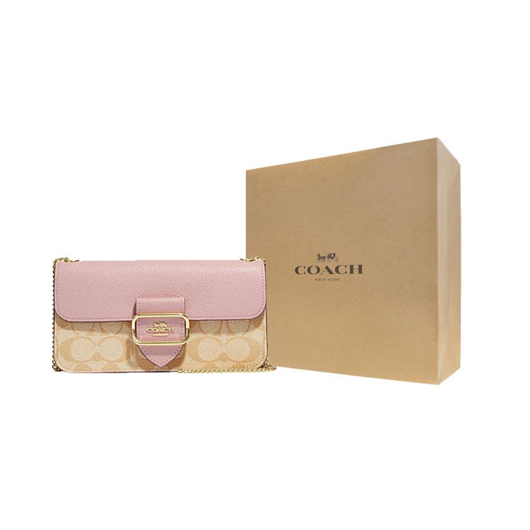 Coach Morgan 20 Classic Monogram Print Flap Crossbody Bag Women Crossbody Bag Khaki Pink CE693-IMV3C